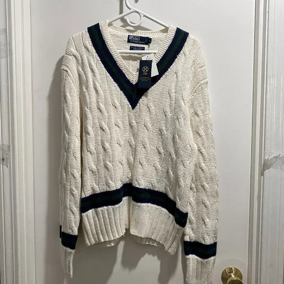 Polo RL Cricket Cable Hand Knit Heritage Preppy Academia Cotton Linen Sweater XL